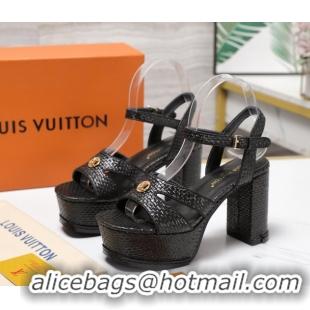 Good Looking Louis Vuitton Maya Heeled Platform Sandals 10cm in Raffia Straw Black 1AHNP0 1022089