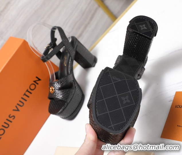 Good Looking Louis Vuitton Maya Heeled Platform Sandals 10cm in Raffia Straw Black 1AHNP0 1022089