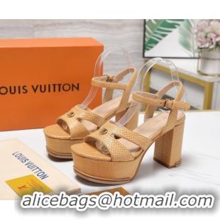 Top Grade Louis Vuitton Maya Heeled Platform Sandals 10cm in Raffia Straw Brown 1AHNP0 1022090