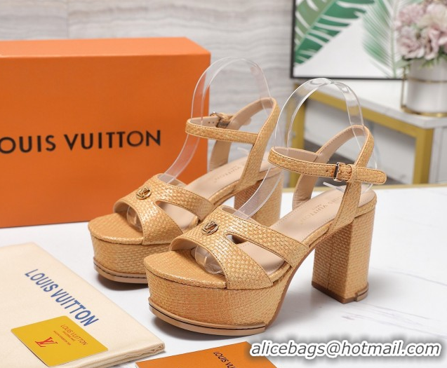 Top Grade Louis Vuitton Maya Heeled Platform Sandals 10cm in Raffia Straw Brown 1AHNP0 1022090
