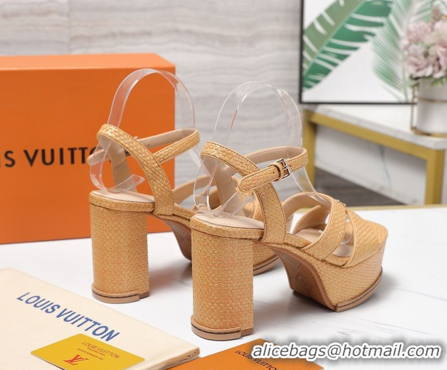 Top Grade Louis Vuitton Maya Heeled Platform Sandals 10cm in Raffia Straw Brown 1AHNP0 1022090