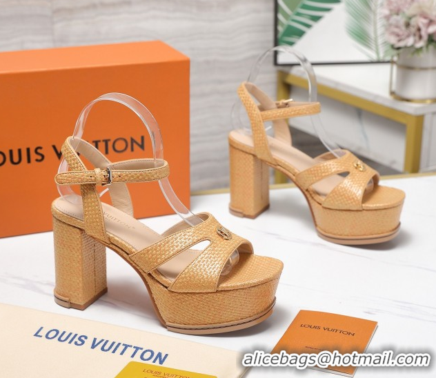 Top Grade Louis Vuitton Maya Heeled Platform Sandals 10cm in Raffia Straw Brown 1AHNP0 1022090