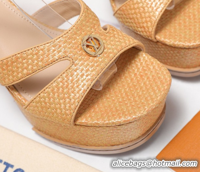 Top Grade Louis Vuitton Maya Heeled Platform Sandals 10cm in Raffia Straw Brown 1AHNP0 1022090