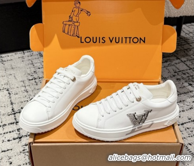 Grade Louis Vuitton Time Out Sneakers in Leather with Strass LV White 1022099