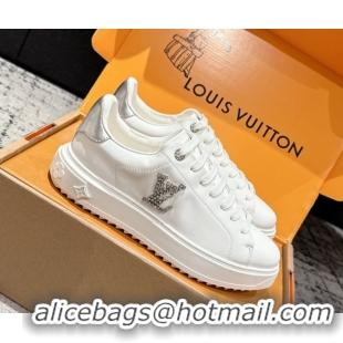 Duplicate Louis Vuitton Time Out Sneakers in Leather with Strass LV White/Silver 1022100