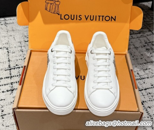 Duplicate Louis Vuitton Time Out Sneakers in Leather with Strass LV White/Silver 1022100