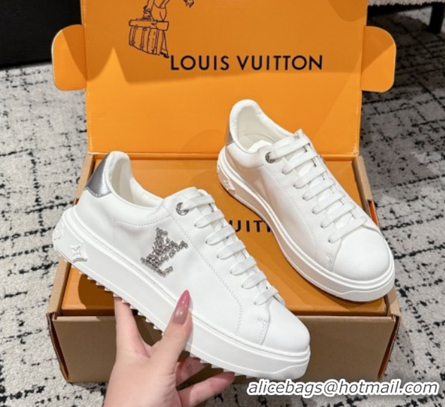 Duplicate Louis Vuitton Time Out Sneakers in Leather with Strass LV White/Silver 1022100