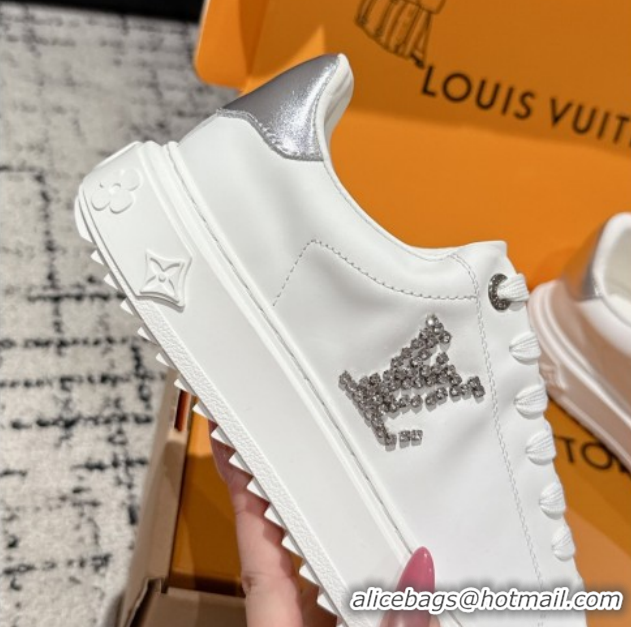 Duplicate Louis Vuitton Time Out Sneakers in Leather with Strass LV White/Silver 1022100