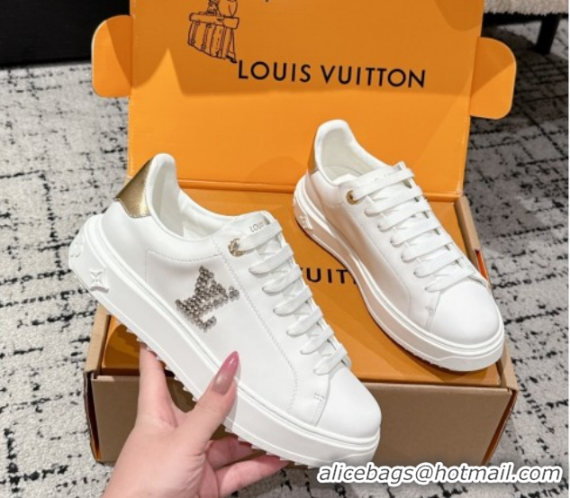 Hot Style Louis Vuitton Time Out Sneakers in Leather with Strass LV White/Gold 1022101