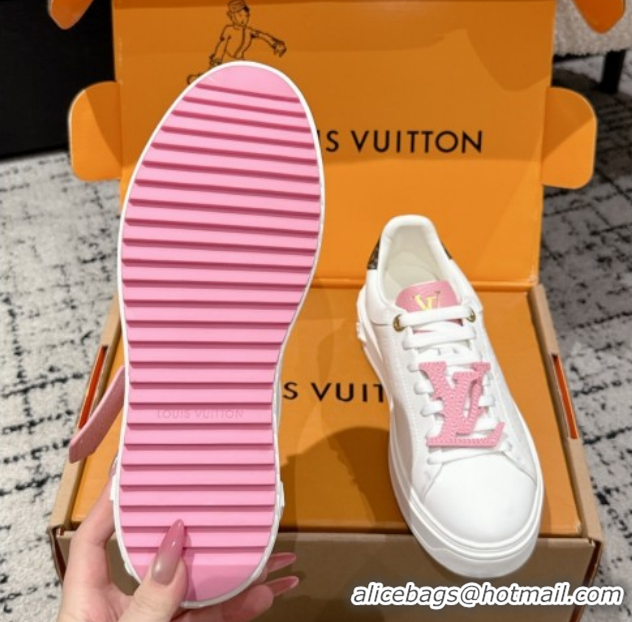 Durable Louis Vuitton Time Out Sneakers in Leather with Tag White/Pink 1022103
