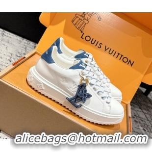 Luxury Cheap Louis Vuitton Time Out Sneakers in Leather with Monogram LV White/Blue 1022104