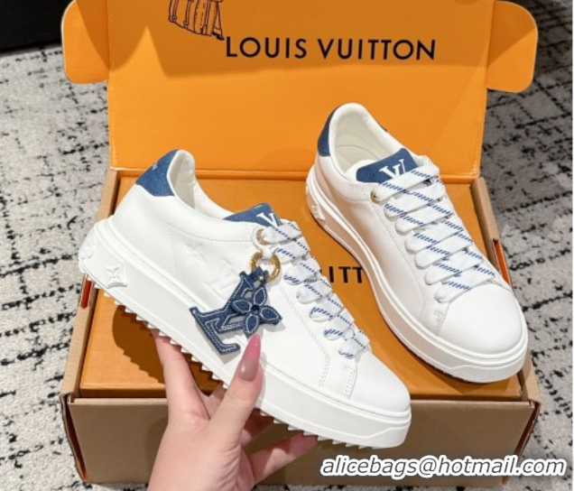 Luxury Cheap Louis Vuitton Time Out Sneakers in Leather with Monogram LV White/Blue 1022104