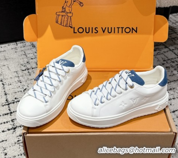 Luxury Cheap Louis Vuitton Time Out Sneakers in Leather with Monogram LV White/Blue 1022104