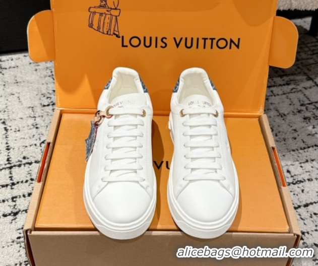 Luxury Louis Vuitton Time Out Sneakers in Leather with Tag White/Denim Blue 1022105