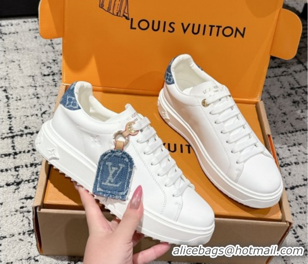 Luxury Louis Vuitton Time Out Sneakers in Leather with Tag White/Denim Blue 1022105