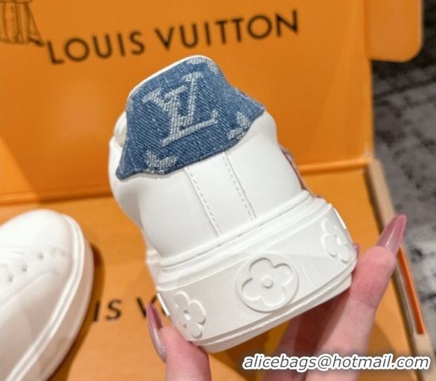 Luxury Louis Vuitton Time Out Sneakers in Leather with Tag White/Denim Blue 1022105