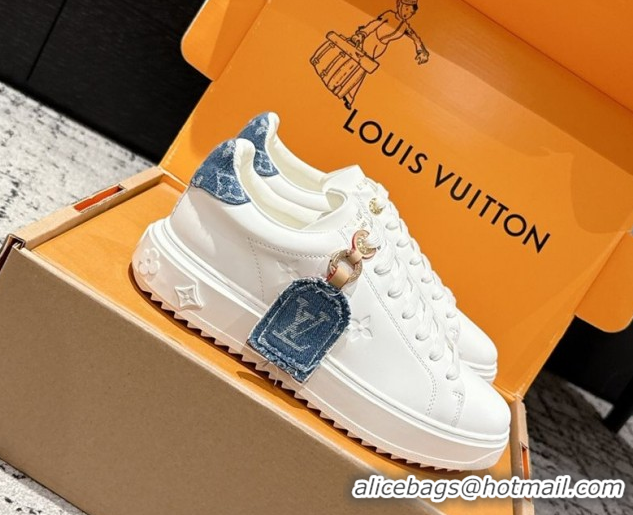 Luxury Louis Vuitton Time Out Sneakers in Leather with Tag White/Denim Blue 1022105