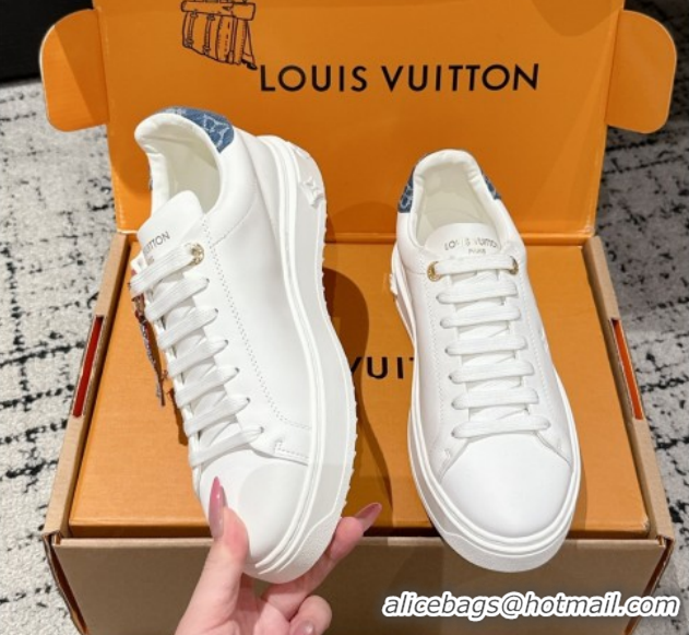 Luxury Louis Vuitton Time Out Sneakers in Leather with Tag White/Denim Blue 1022105