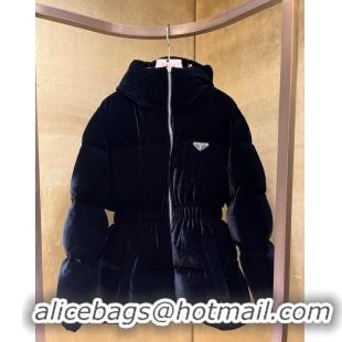 Luxury Discount Prada Cinched Velvet Puffer Jacket 18H4 Navy Blue