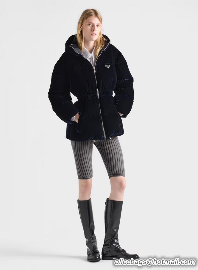 Luxury Discount Prada Cinched Velvet Puffer Jacket 18H4 Navy Blue