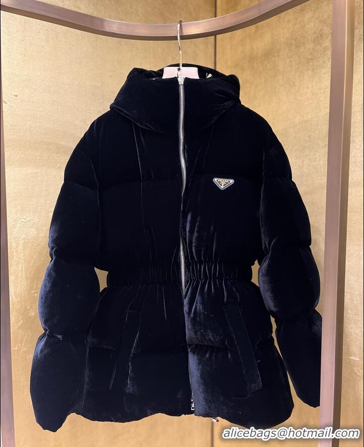 Luxury Discount Prada Cinched Velvet Puffer Jacket 18H4 Navy Blue