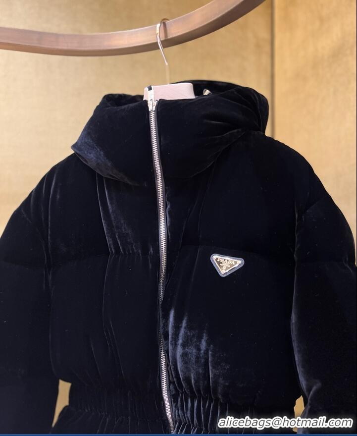 Luxury Discount Prada Cinched Velvet Puffer Jacket 18H4 Navy Blue