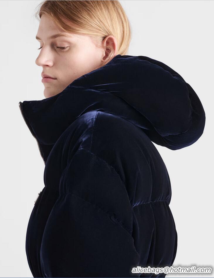 Luxury Discount Prada Cinched Velvet Puffer Jacket 18H4 Navy Blue