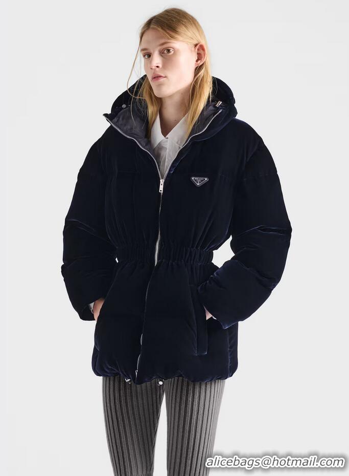 Luxury Discount Prada Cinched Velvet Puffer Jacket 18H4 Navy Blue