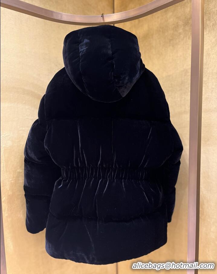 Luxury Discount Prada Cinched Velvet Puffer Jacket 18H4 Navy Blue