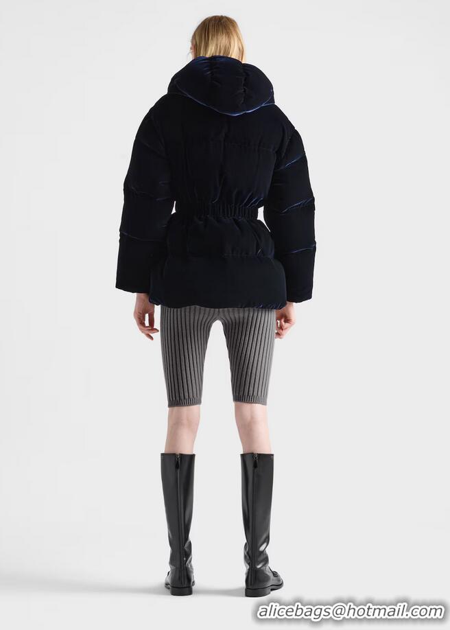 Luxury Discount Prada Cinched Velvet Puffer Jacket 18H4 Navy Blue