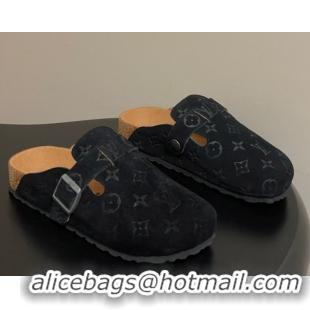 Unique Style Louis Vuitton LV Cosy Flat Comfort Clog Mules with Buckle Strap in Monogram Suede Black 1022111