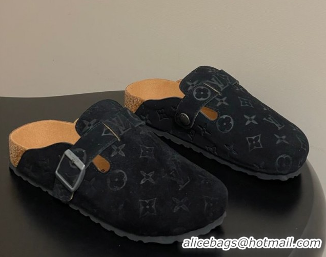 Unique Style Louis Vuitton LV Cosy Flat Comfort Clog Mules with Buckle Strap in Monogram Suede Black 1022111