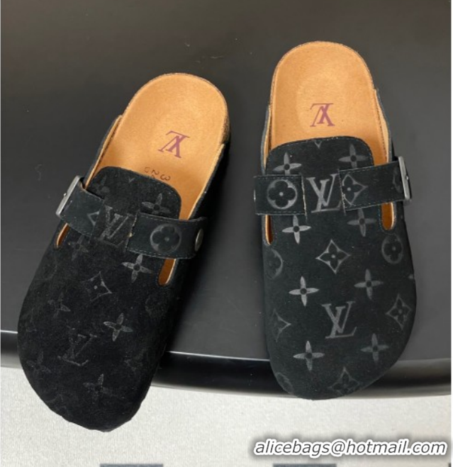 Unique Style Louis Vuitton LV Cosy Flat Comfort Clog Mules with Buckle Strap in Monogram Suede Black 1022111