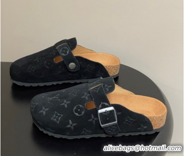 Unique Style Louis Vuitton LV Cosy Flat Comfort Clog Mules with Buckle Strap in Monogram Suede Black 1022111