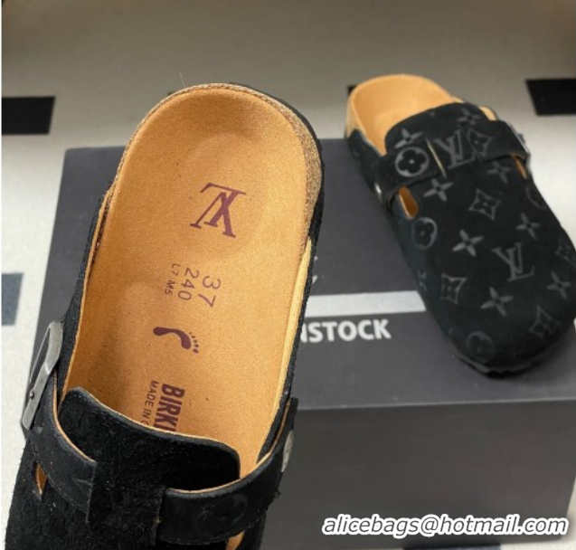 Unique Style Louis Vuitton LV Cosy Flat Comfort Clog Mules with Buckle Strap in Monogram Suede Black 1022111