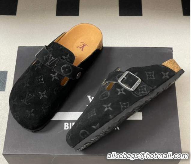 Unique Style Louis Vuitton LV Cosy Flat Comfort Clog Mules with Buckle Strap in Monogram Suede Black 1022111