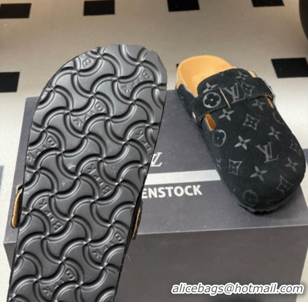 Unique Style Louis Vuitton LV Cosy Flat Comfort Clog Mules with Buckle Strap in Monogram Suede Black 1022111