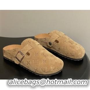 Classic Hot Louis Vuitton LV Cosy Flat Comfort Clog Mules with Buckle Strap in Monogram Suede Beige Yellow 1022112