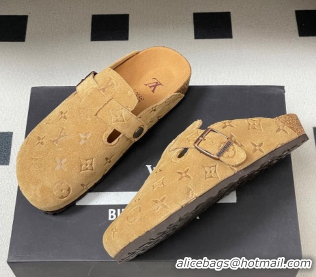 Classic Hot Louis Vuitton LV Cosy Flat Comfort Clog Mules with Buckle Strap in Monogram Suede Beige Yellow 1022112
