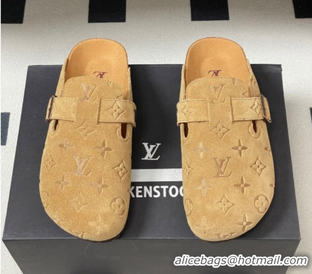 Classic Hot Louis Vuitton LV Cosy Flat Comfort Clog Mules with Buckle Strap in Monogram Suede Beige Yellow 1022112