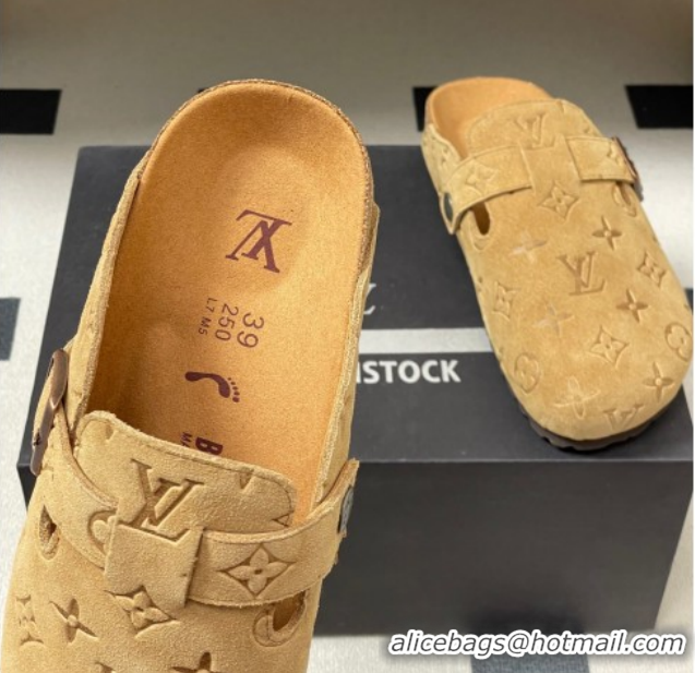 Classic Hot Louis Vuitton LV Cosy Flat Comfort Clog Mules with Buckle Strap in Monogram Suede Beige Yellow 1022112