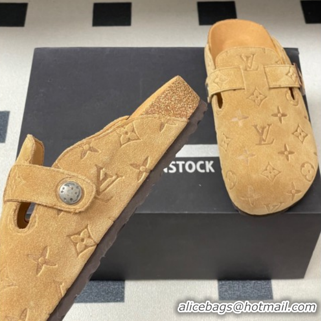 Classic Hot Louis Vuitton LV Cosy Flat Comfort Clog Mules with Buckle Strap in Monogram Suede Beige Yellow 1022112