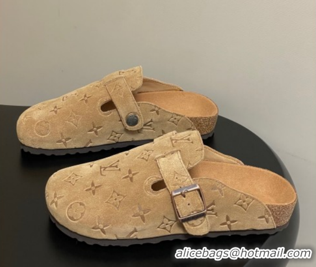 Classic Hot Louis Vuitton LV Cosy Flat Comfort Clog Mules with Buckle Strap in Monogram Suede Beige Yellow 1022112