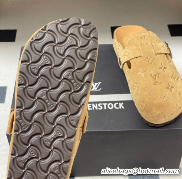 Classic Hot Louis Vuitton LV Cosy Flat Comfort Clog Mules with Buckle Strap in Monogram Suede Beige Yellow 1022112