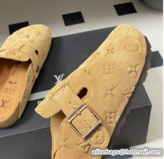 Classic Hot Louis Vuitton LV Cosy Flat Comfort Clog Mules with Buckle Strap in Monogram Suede Beige Yellow 1022112