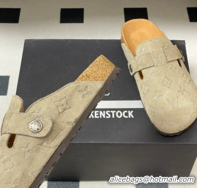 Duplicate Louis Vuitton LV Cosy Flat Comfort Clog Mules with Buckle Strap in Monogram Suede Grey 1022113
