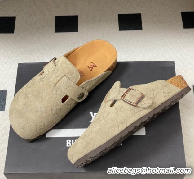 Duplicate Louis Vuitton LV Cosy Flat Comfort Clog Mules with Buckle Strap in Monogram Suede Grey 1022113