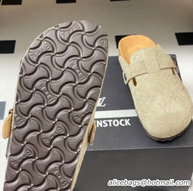 Duplicate Louis Vuitton LV Cosy Flat Comfort Clog Mules with Buckle Strap in Monogram Suede Grey 1022113