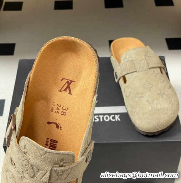 Duplicate Louis Vuitton LV Cosy Flat Comfort Clog Mules with Buckle Strap in Monogram Suede Grey 1022113