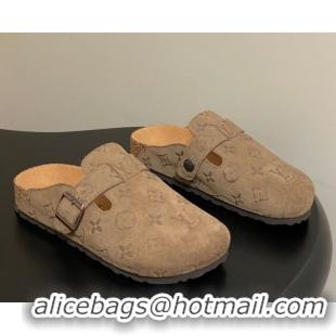 Good Quality Louis Vuitton LV Cosy Flat Comfort Clog Mules with Buckle Strap in Monogram Suede Brown 1022114